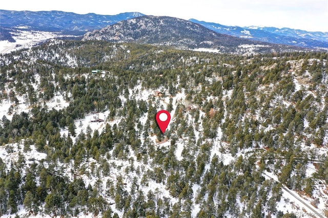 snowy aerial view featuring a mountain view