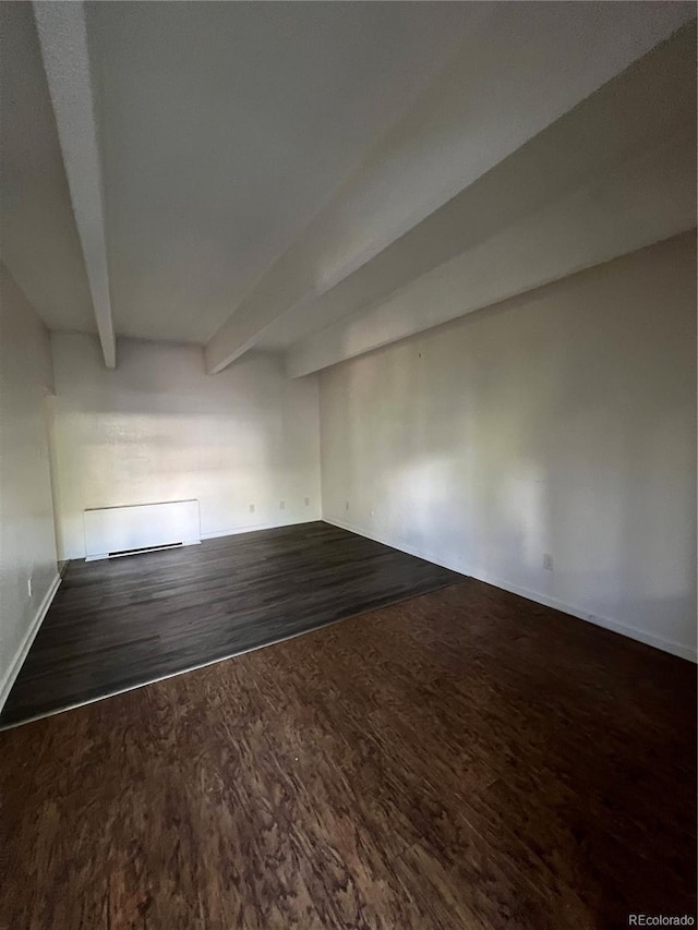 364 S Ironton St Unit 217, Aurora, CO 80012 - empty room featuring dark wood-style floors, beamed ceiling, and radiator heating unit