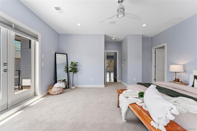 bedroom featuring access to exterior, light carpet, and ceiling fan