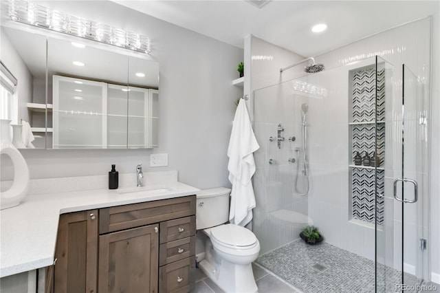 2645 S Xanadu Way Unit D, Aurora, CO 80014 - full bathroom with vanity, a shower stall, recessed lighting, and tile patterned flooring