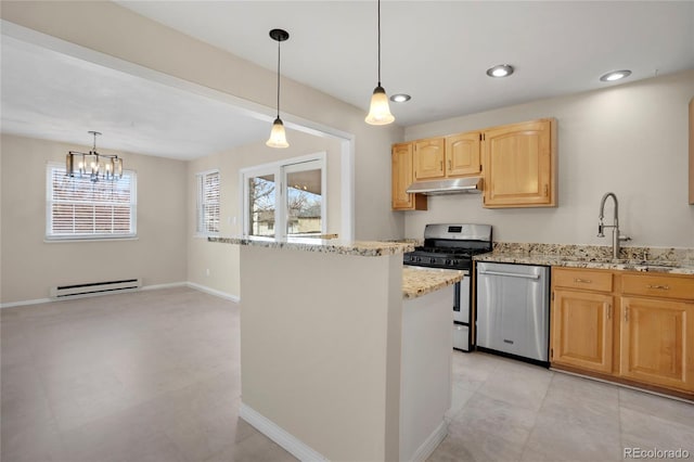 kitchen with stainless steel appliances, baseboard heating, under cabinet range hood, a sink, and light brown cabinetry