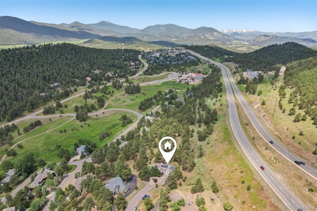 30206 Telluride Ln, Evergreen, CO 80439 - aerial overview of property's location featuring mountains and a major roadway
