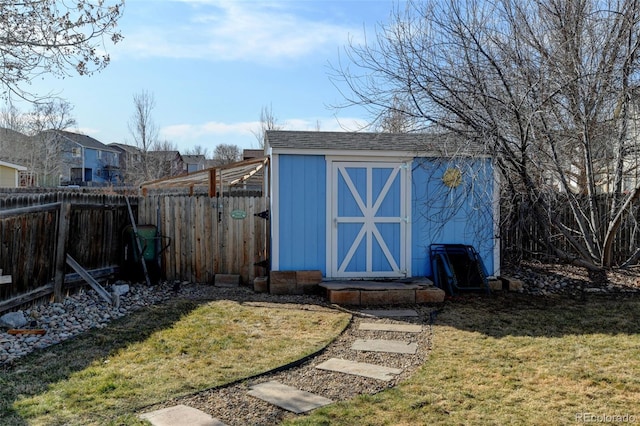 view of shed with a fenced backyard