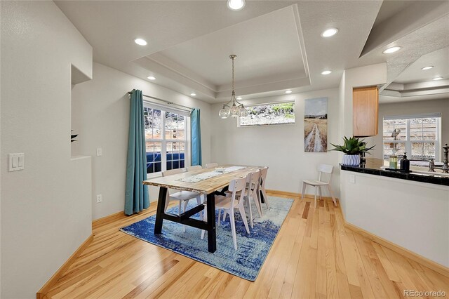 11770 Leavenworth Dr, Conifer, CO 80433 - dining space featuring a tray ceiling, a wealth of natural light, and light wood finished floors