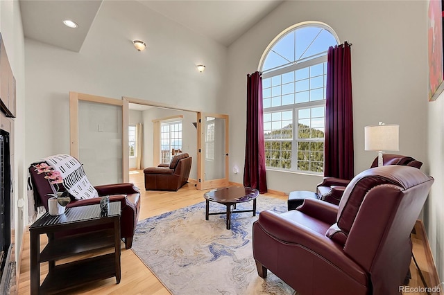 11770 Leavenworth Dr, Conifer, CO 80433 - living area featuring light wood-style flooring, a high ceiling, and a healthy amount of sunlight