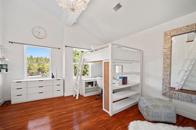 bedroom featuring beamed ceiling, a chandelier, dark hardwood / wood-style flooring, and high vaulted ceiling