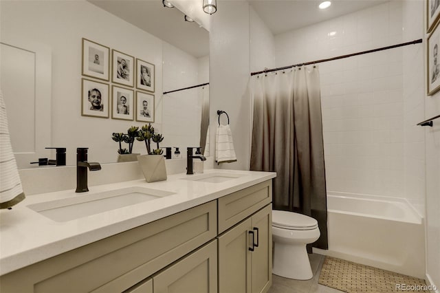 full bathroom with tile patterned flooring, vanity, toilet, and shower / tub combo with curtain