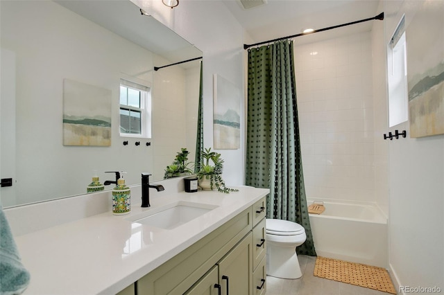 full bathroom with vanity, toilet, tile patterned flooring, and shower / bathtub combination with curtain