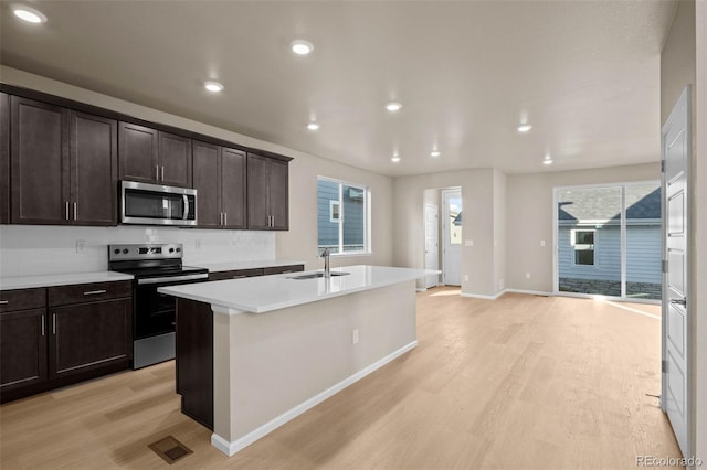 kitchen featuring appliances with stainless steel finishes, sink, decorative backsplash, a kitchen island with sink, and light wood-type flooring