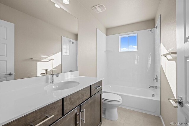 full bathroom featuring vanity, toilet, shower / washtub combination, and tile patterned flooring