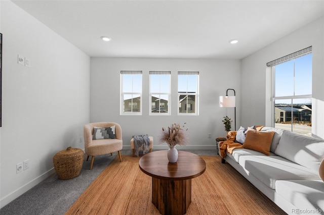 living room with plenty of natural light and carpet flooring