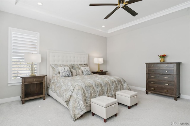 547 Scrubjay Cir, Castle Rock, CO 80104 - bedroom featuring carpet floors, recessed lighting, crown molding, a ceiling fan, and a raised ceiling