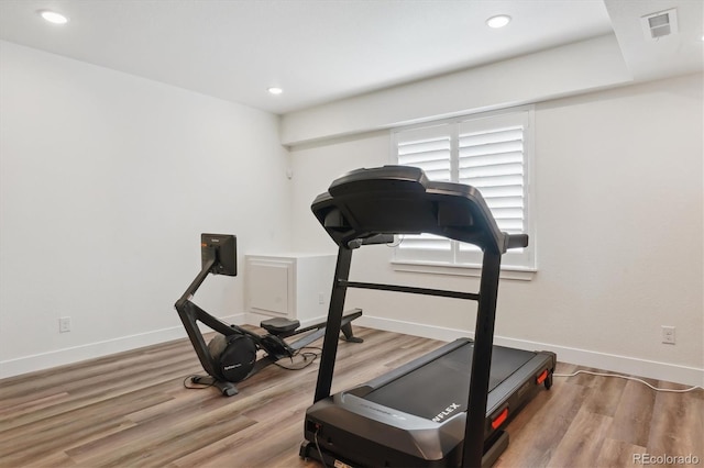 547 Scrubjay Cir, Castle Rock, CO 80104 - workout area with wood finished floors and recessed lighting