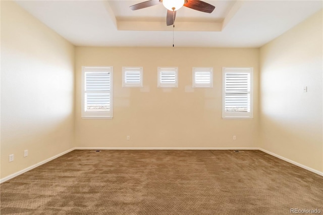 unfurnished room featuring a ceiling fan, a raised ceiling, and carpet