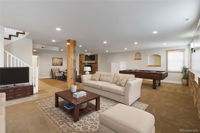 living room with stairway, recessed lighting, billiards, and visible vents