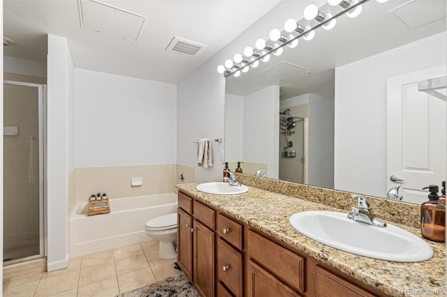 full bathroom with vanity, separate shower and tub, toilet, and tile patterned flooring