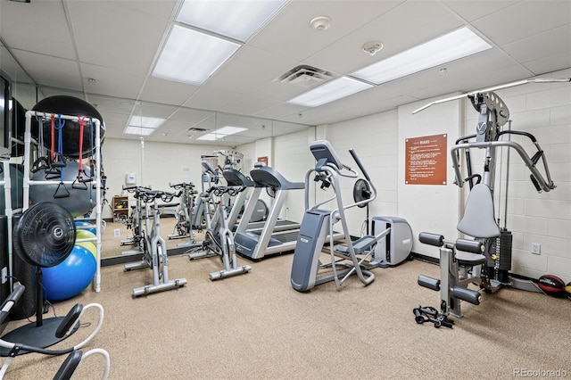 exercise room featuring a drop ceiling