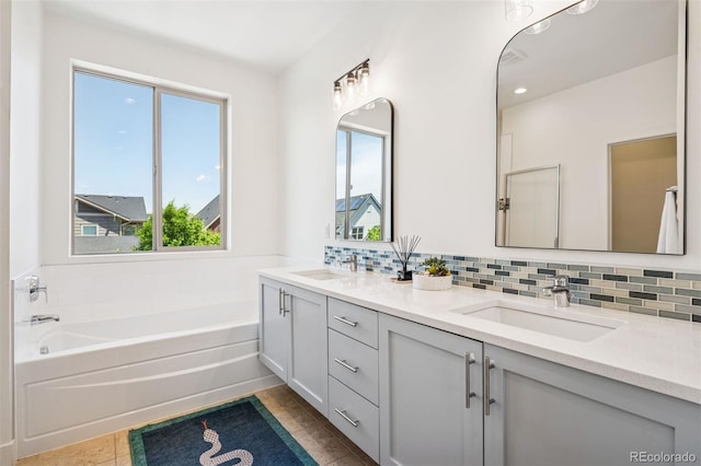 4958 Valentia Ct, Denver, CO 80238 - full bath featuring double vanity, a garden tub, tasteful backsplash, and tile patterned floors