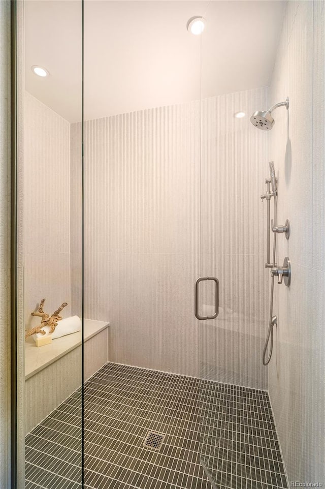 bathroom featuring a shower with door