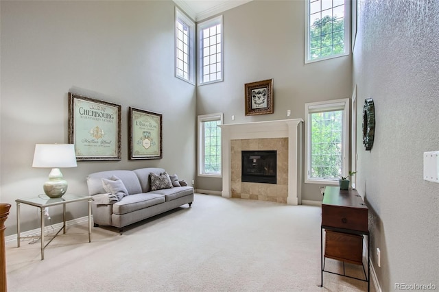 7355 Nile St, Arvada, CO 80007 - carpeted living room featuring a high ceiling and a fireplace