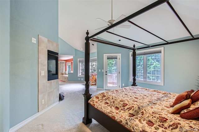 7355 Nile St, Arvada, CO 80007 - carpeted bedroom with vaulted ceiling, access to exterior, and ceiling fan