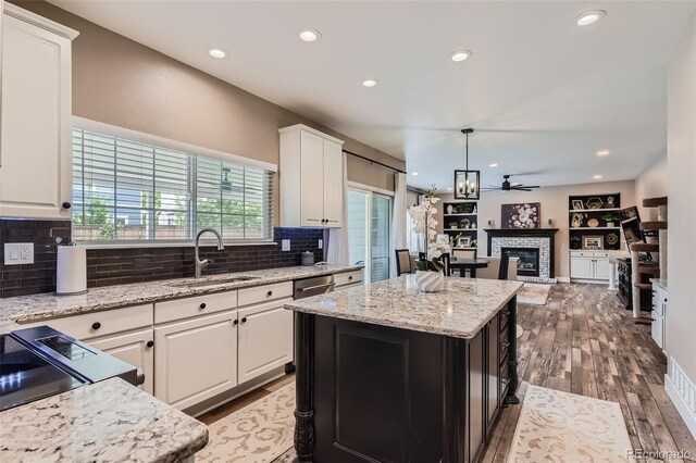 9458 S Hackberry Ln, Highlands Ranch, CO 80129 - kitchen with a sink, a glass covered fireplace, white cabinetry, decorative backsplash, and a kitchen island