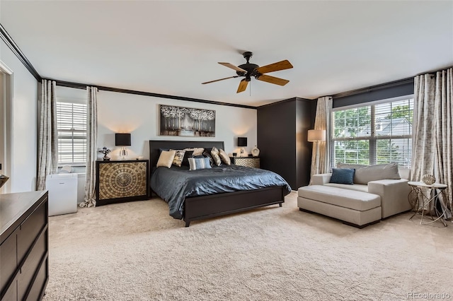 9458 S Hackberry Ln, Highlands Ranch, CO 80129 - bedroom with light colored carpet, crown molding, and a ceiling fan