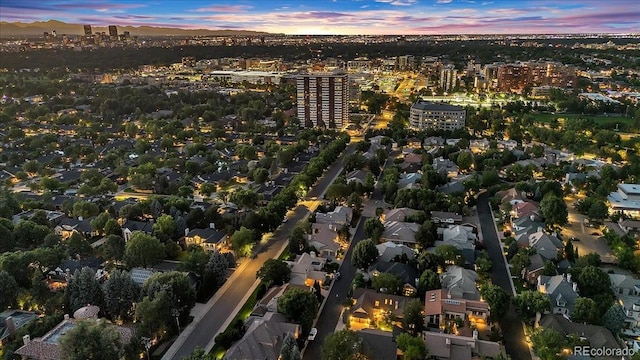 view of aerial view at dusk