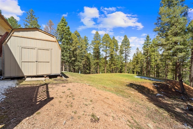 view of yard featuring a storage unit and an outbuilding