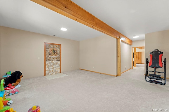 recreation room with recessed lighting and light carpet