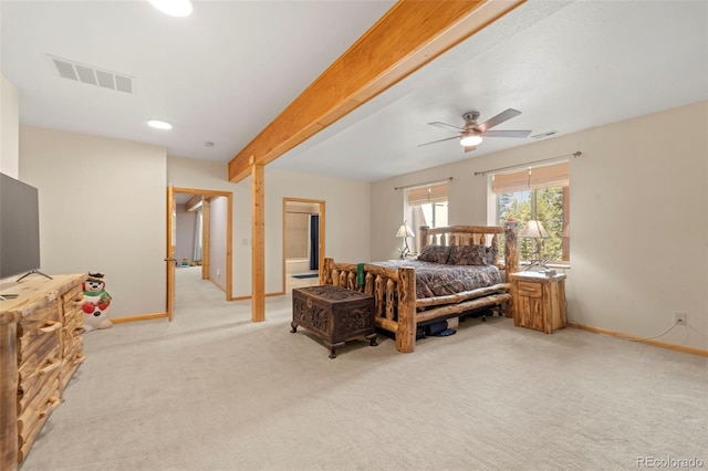 carpeted bedroom featuring baseboards, ceiling fan, beam ceiling, and visible vents