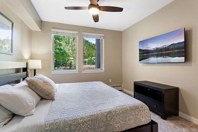 bedroom featuring ceiling fan and a baseboard radiator