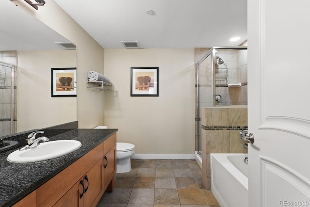 full bathroom featuring shower with separate bathtub, vanity, and toilet