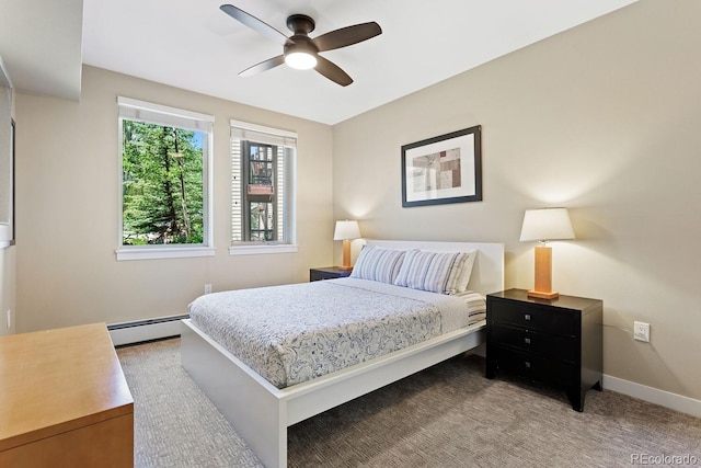 bedroom featuring ceiling fan, light colored carpet, and a baseboard radiator