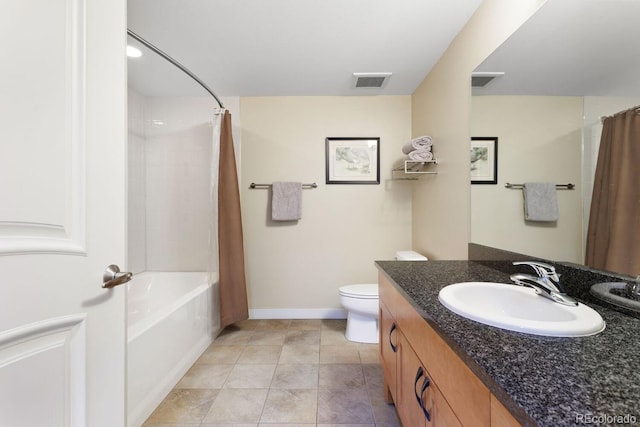 full bathroom featuring vanity, toilet, and shower / tub combo with curtain