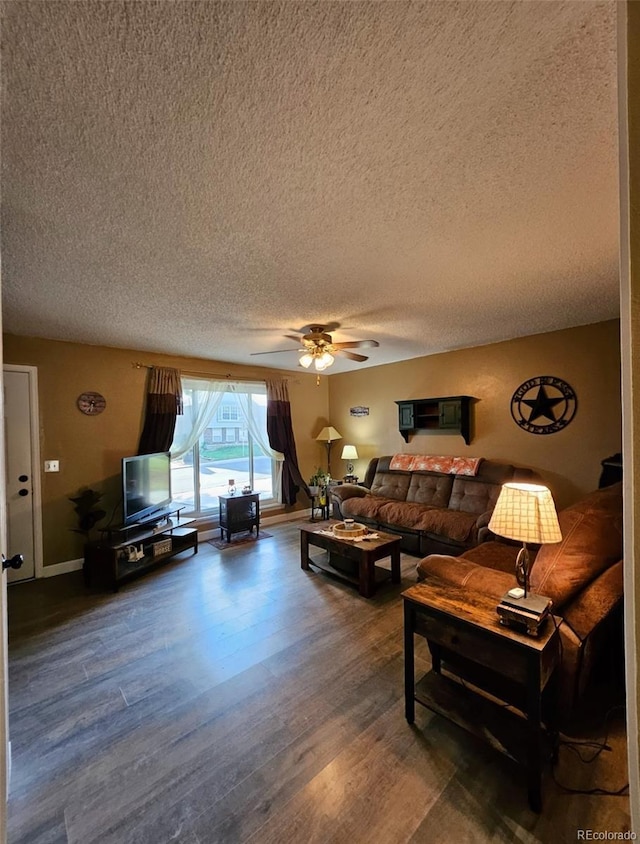 2034 S Truckee St, Aurora, CO 80013 - living area featuring a textured ceiling, wood finished floors, and ceiling fan