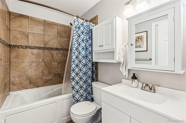 bathroom with vanity, toilet, and shower / bathtub combination with curtain