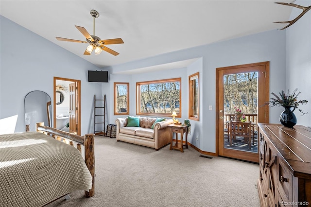 44 Forest Ridge Cir, Bailey, CO 80421 - carpeted bedroom with access to exterior, multiple windows, vaulted ceiling, ceiling fan, and baseboards