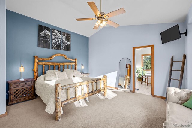 44 Forest Ridge Cir, Bailey, CO 80421 - bedroom featuring carpet flooring, baseboards, high vaulted ceiling, and ceiling fan