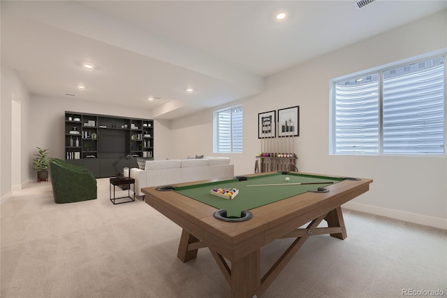 recreation room with light colored carpet and billiards