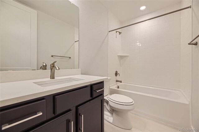 full bathroom with toilet, shower / bathing tub combination, vanity, and recessed lighting