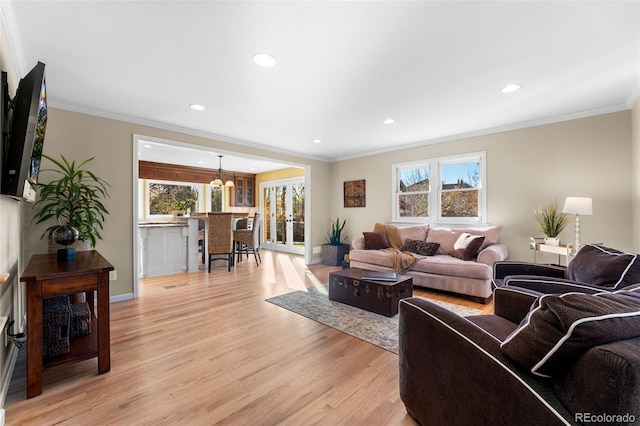 living room featuring crown molding and light wood-type flooring