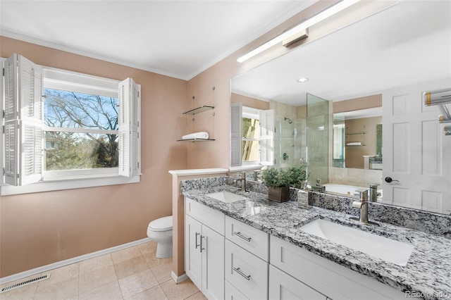 full bathroom with vanity, separate shower and tub, tile patterned floors, and toilet