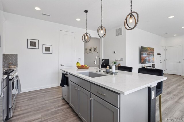 25106 E 1st Ave, Aurora, CO 80018 - kitchen featuring appliances with stainless steel finishes, gray cabinets, light wood finished floors, recessed lighting, and a kitchen island with sink