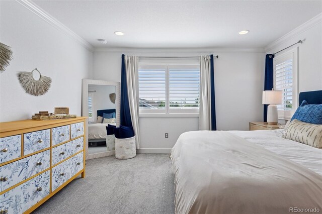 25106 E 1st Ave, Aurora, CO 80018 - bedroom with carpet floors, multiple windows, crown molding, and recessed lighting