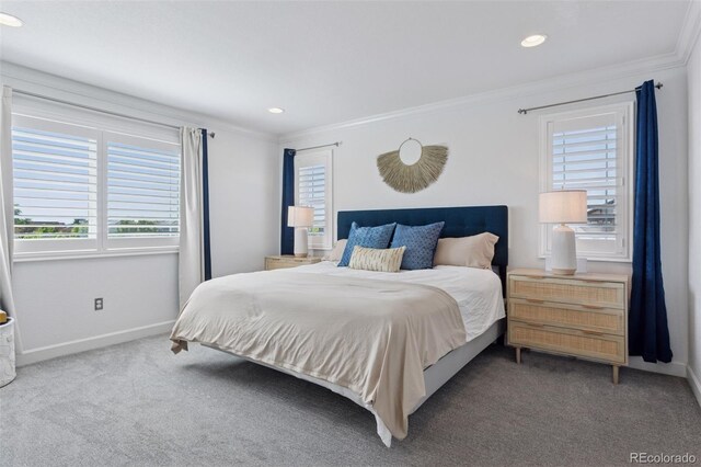 25106 E 1st Ave, Aurora, CO 80018 - bedroom with crown molding, multiple windows, carpet, and recessed lighting
