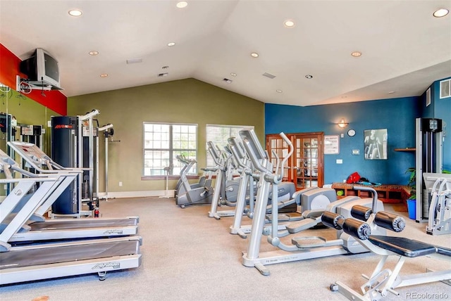 gym with lofted ceiling