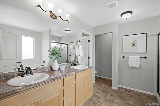 full bathroom with vanity, independent shower and bath, and toilet