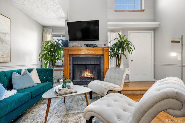 living room featuring hardwood / wood-style floors, a textured ceiling, and a high end fireplace