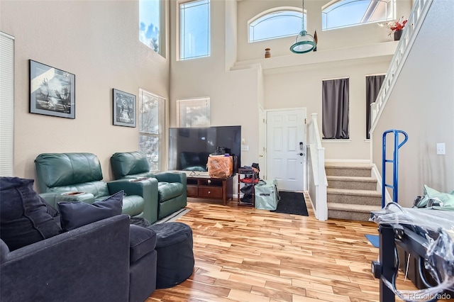 living room featuring a towering ceiling and hardwood / wood-style flooring